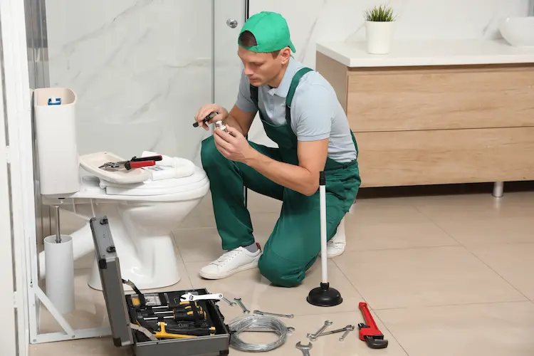 Idraulico che ripara un WC con gli attrezzi in un bagno